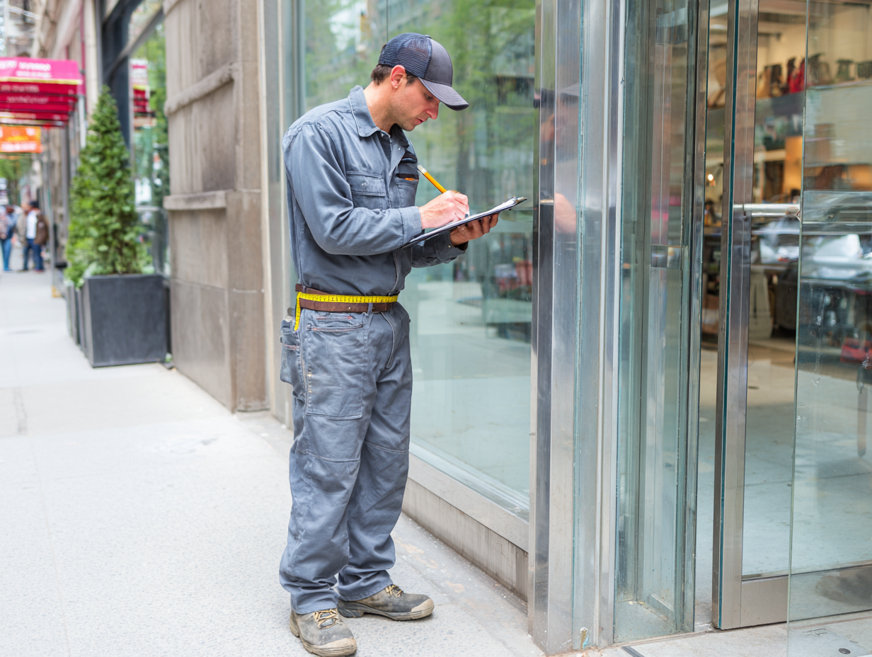 Glass storefront assessment NYC – contractor measuring commercial glazing opening